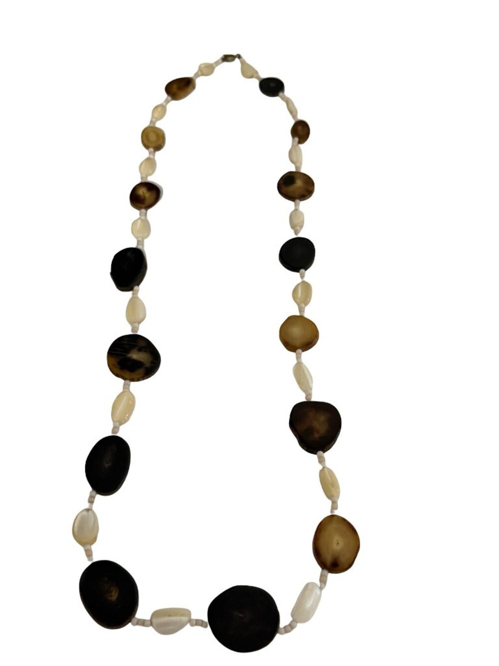 Vintage 30" Natural Shell Disc Necklace Brown Black Cream Chunky Boho
